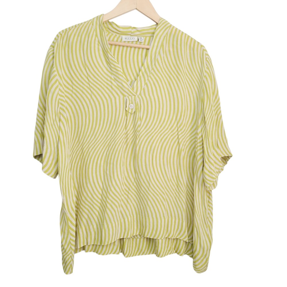 NEW Masai Batia Button-Front V-Neck Blouse Wavy Stripe‎ Lightweight Green 2XL